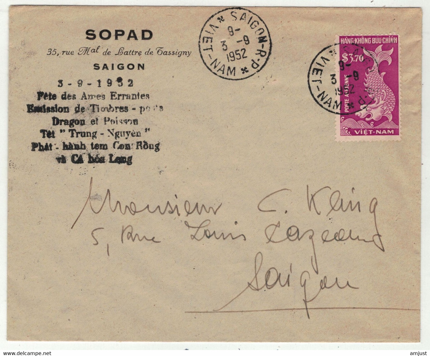 Viêt-Nam // Vietnam //  Lettre De Saigon Pour La Saigon 3/9/1952 - Vietnam