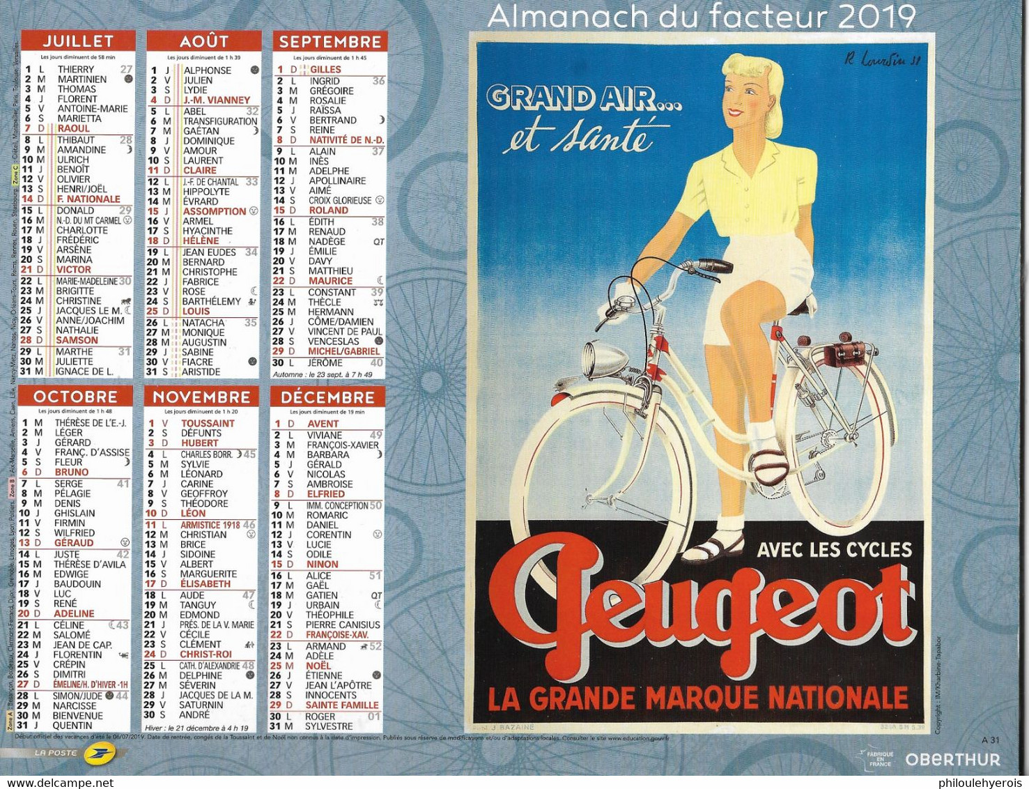 CALENDRIER 2019  PUB  CYCLES PEUGEOT Et CITROEN  Maurel Aix En Provence - Groot Formaat: 2001-...