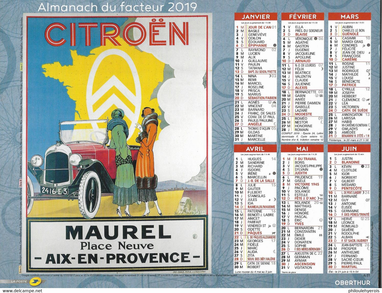 CALENDRIER 2019  PUB  CYCLES PEUGEOT Et CITROEN  Maurel Aix En Provence - Tamaño Grande : 2001-...