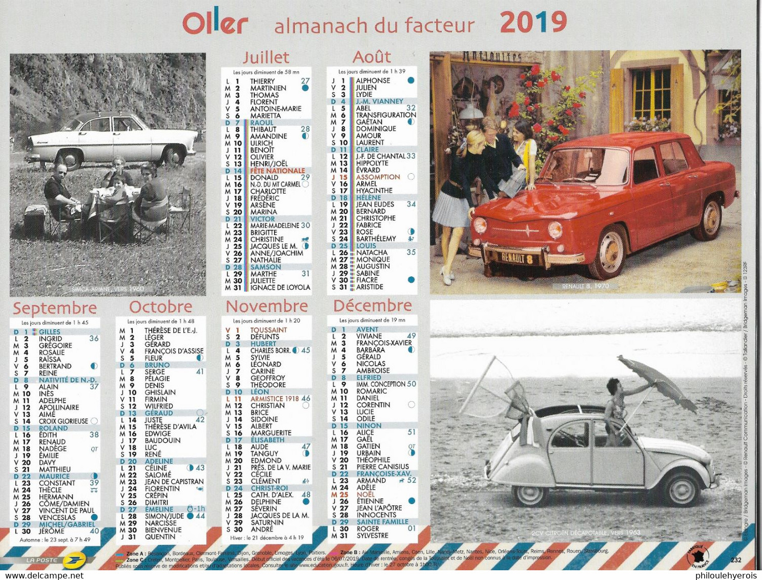 CALENDRIER 2019  VOITURES  Citroen, Renault, Peugeot, Fiat Et Simca - Formato Grande : 2001-...