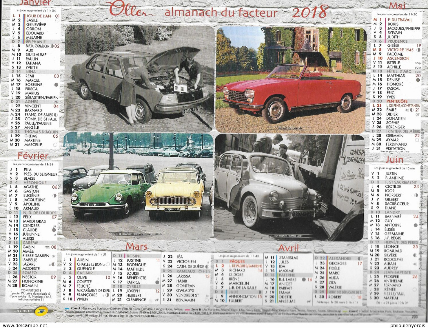 CALENDRIER 2018  VOITURES Renault, Citroen, Peugeot Et Simca - Formato Grande : 2001-...