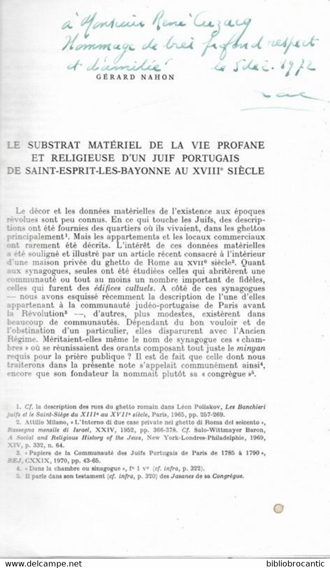 JUDAÏCA /REVUE ETUDES JUIVES"NOTES Et MELANGES < JUIF PORTUGAIS à BAYONNE ST-ESPRIT "Tome CXXX/ 04-12-1971 +Envoi Auteur - Pays Basque