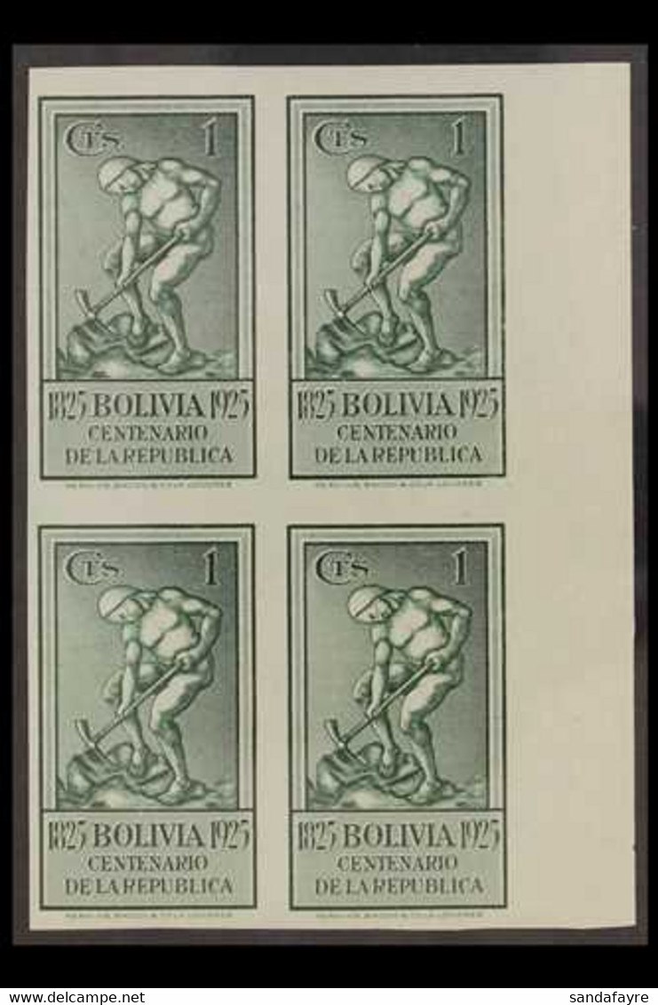 1925 UNISSUED 1c Dark Green "Miner", Centenary Of The Republic, Marginal IMPERFORATE BLOCK OF 4, Scott 150, Never Hinged - Bolivie