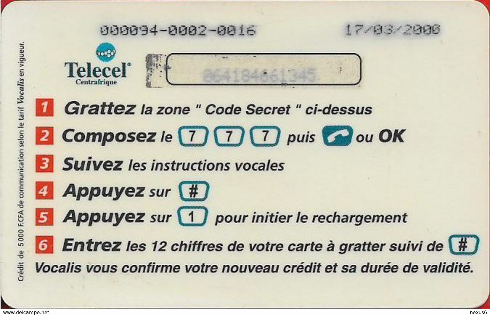 Central African Rep. - Telecel Centrafrique - Cheetah - Exp.17.03.2000, GSM Refill 5.000FCFA, Used - Centrafricaine (République)