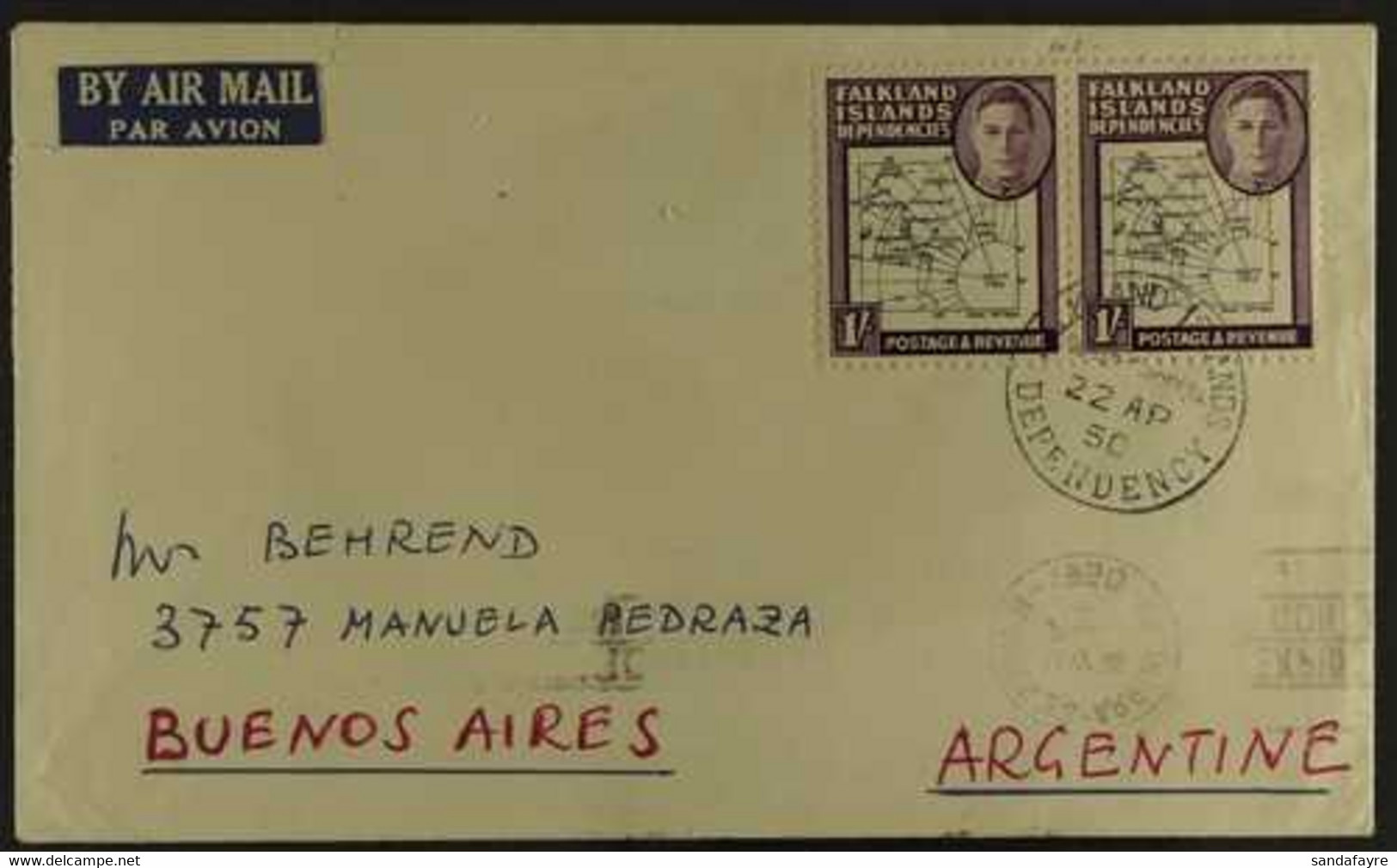 1946-49 THICK MAP VARIETY ON COVER. An Air Mail Cover To Buenos Aires Bearing A Pair Of "Thick Map" 1s Black & Purple, L - Falkland Islands
