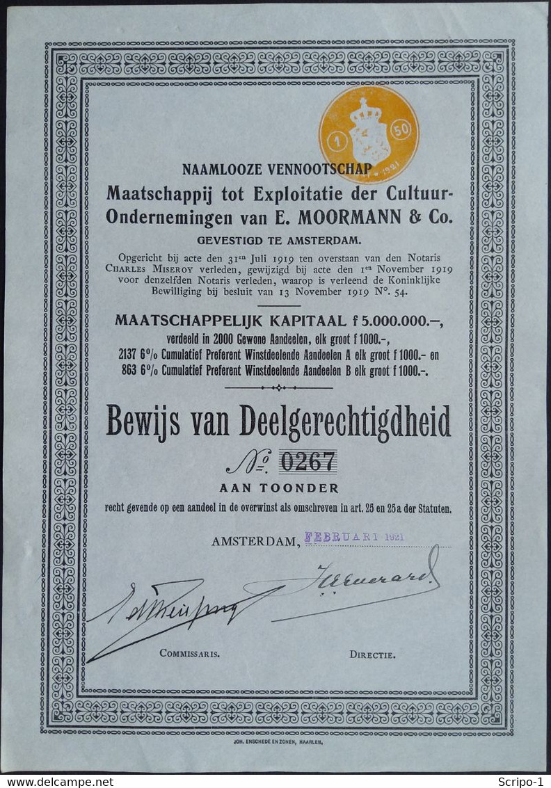 MOORMAN & CO CULTUURONDERNEMINGEN MIJ. 1921 Indonesië - Autres & Non Classés