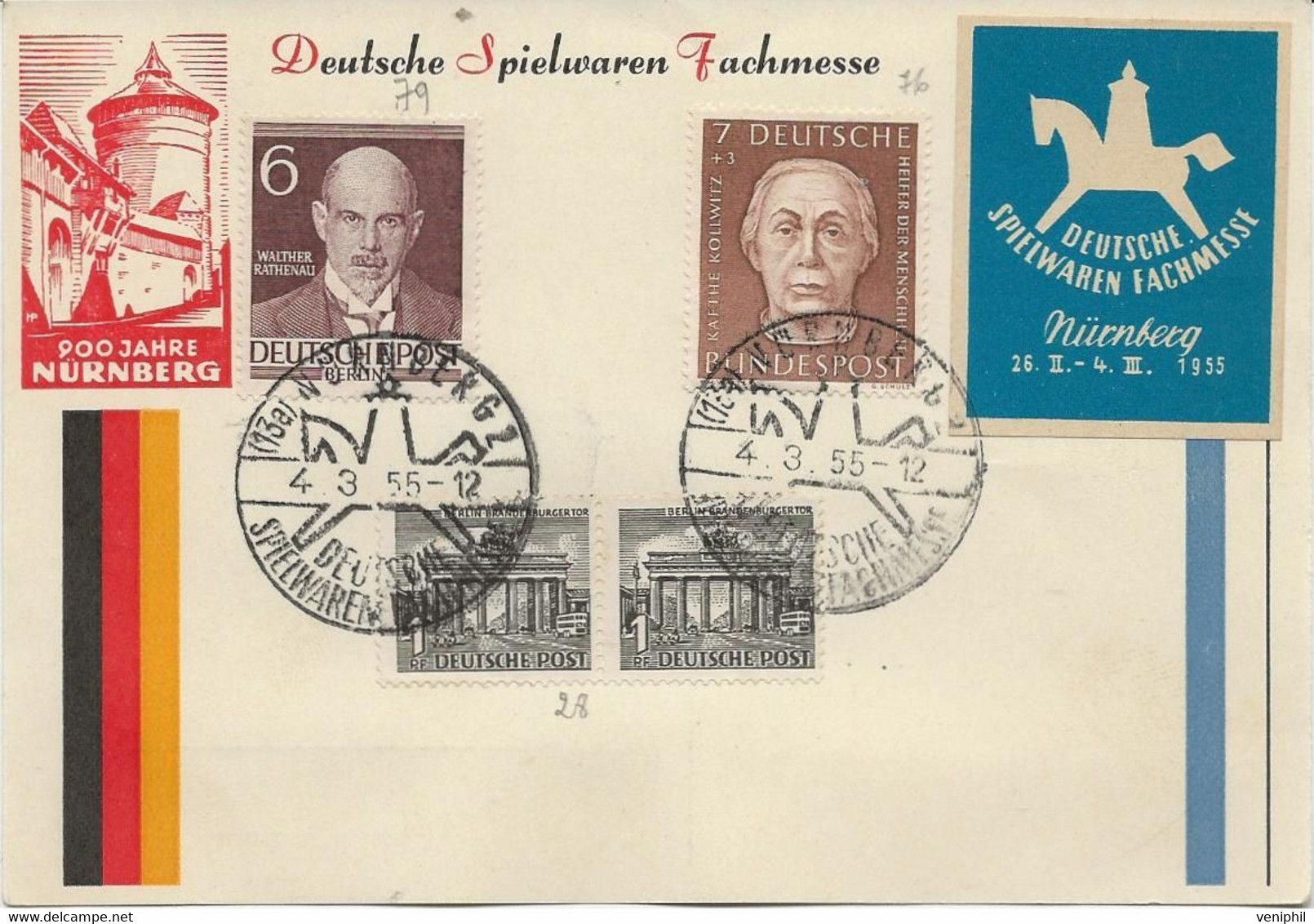 ALLEMAGNE BERLIN - N° 28 - 76 -79 - CARTE AVEC VIGNETTE - ANNEE 1955 - Briefe U. Dokumente