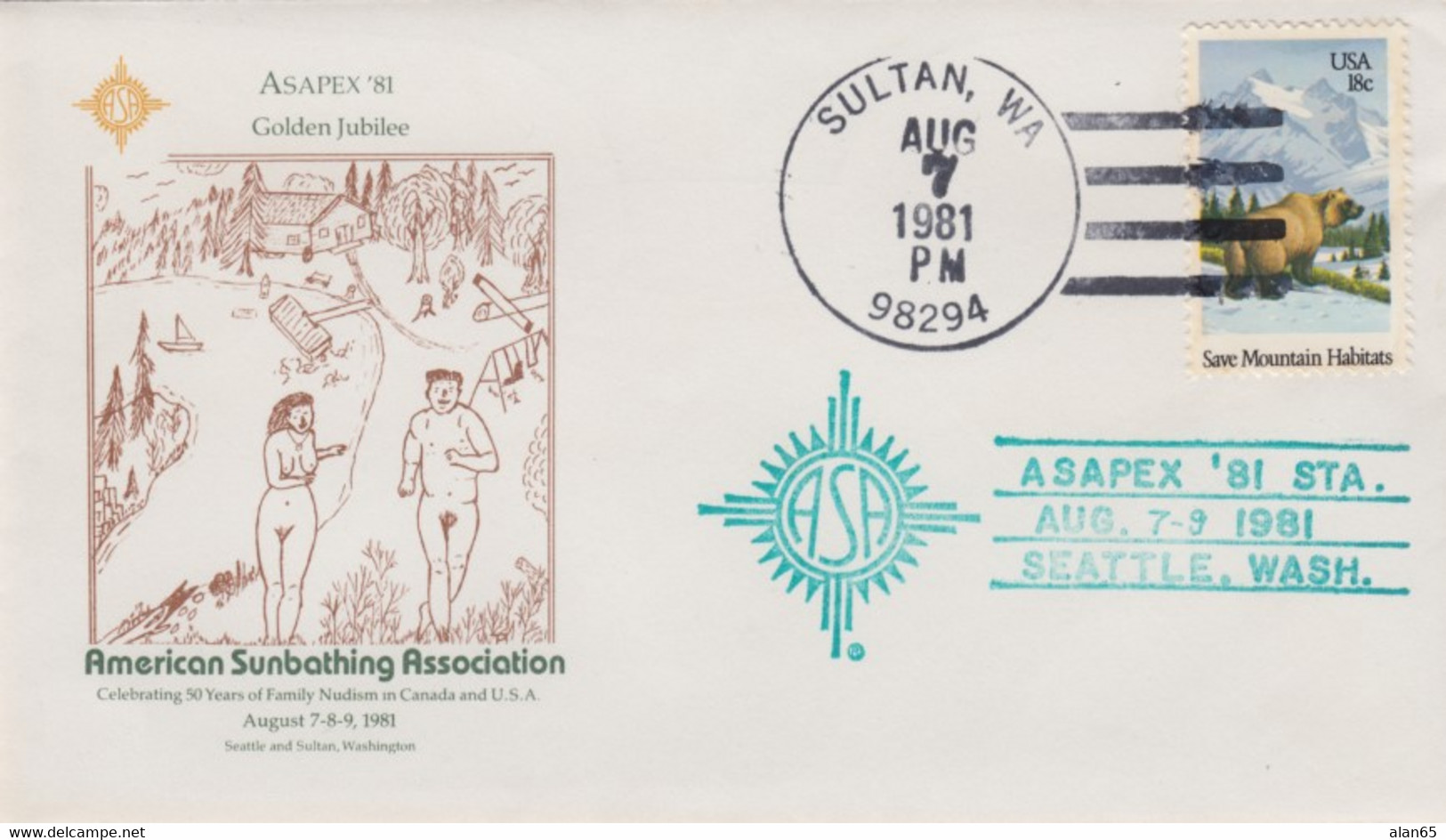 Asapex '81, American Sunbathing Association, Nudist Organization, Sultan Washington Illustrated Cover - Enveloppes évenementielles