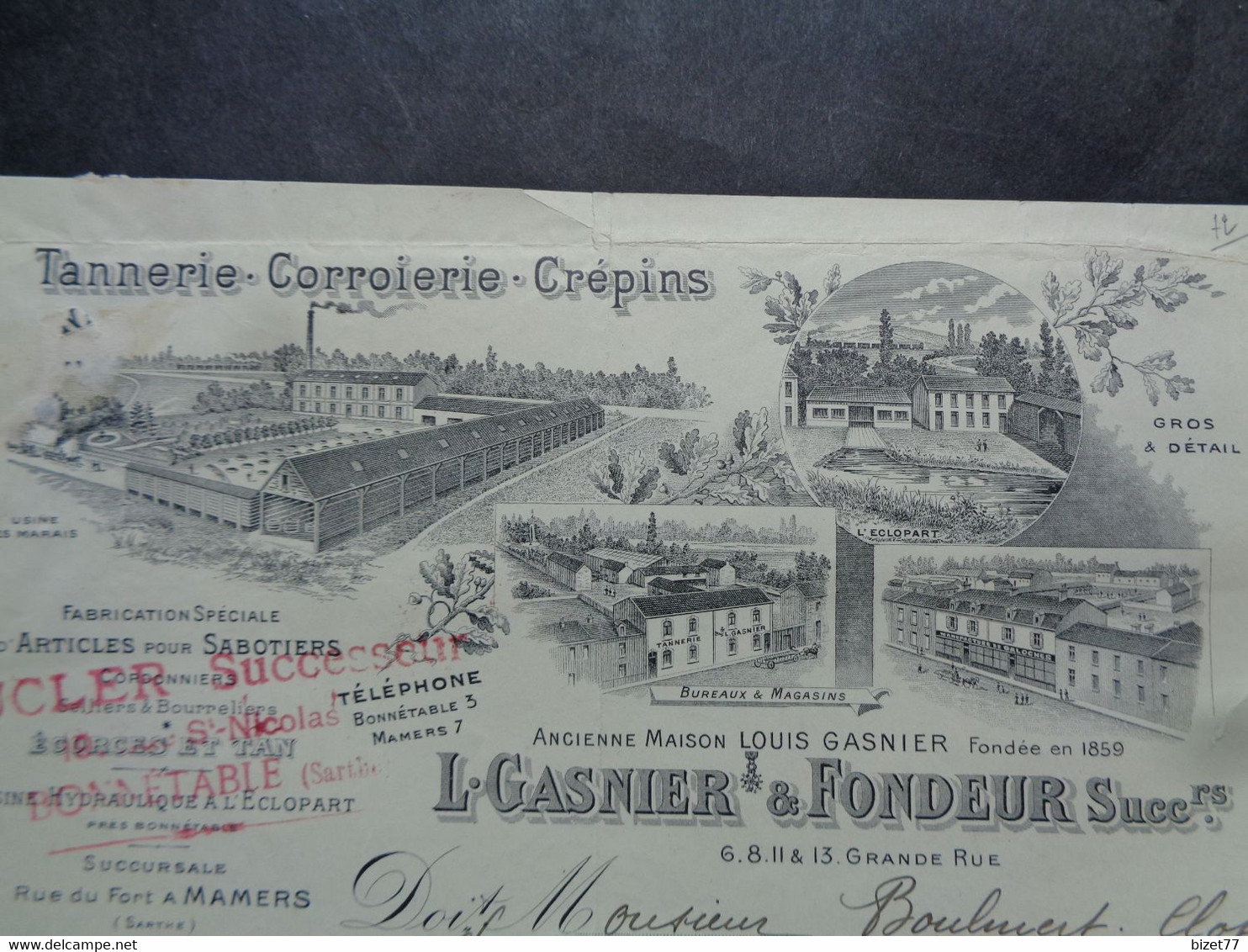 FACTURE - 72 - DEPARTEMENT DE LA SARTHE - BONNETABLE  1919 - TANNERIE, CORROIRERIE, CREPINS : L. GASNIER & FONDEUR - Other & Unclassified