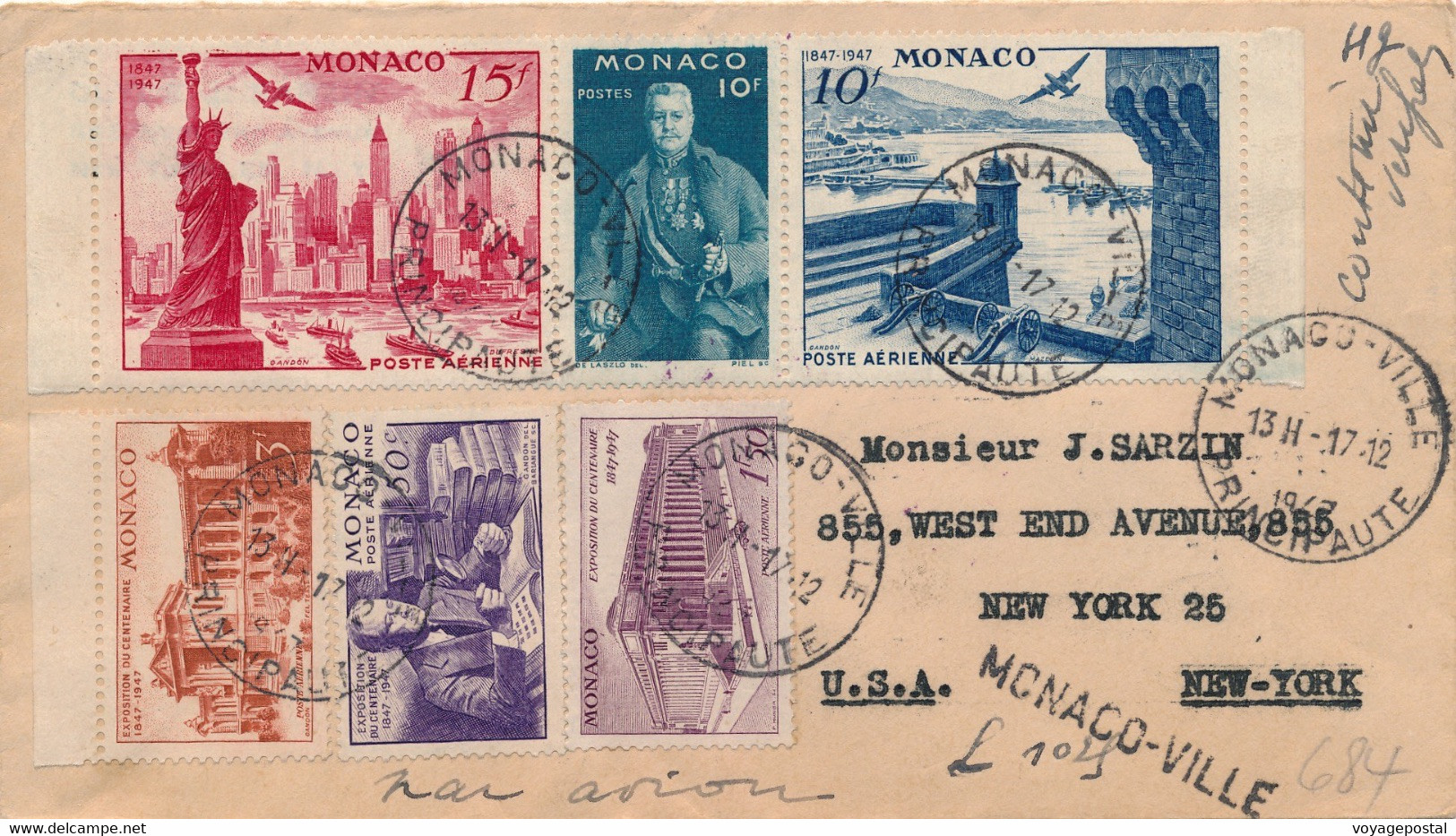 LETTRE SERIE 331/336 POSTE AERIENNE MONACO VILLE NEW-YORK COVER - Brieven En Documenten