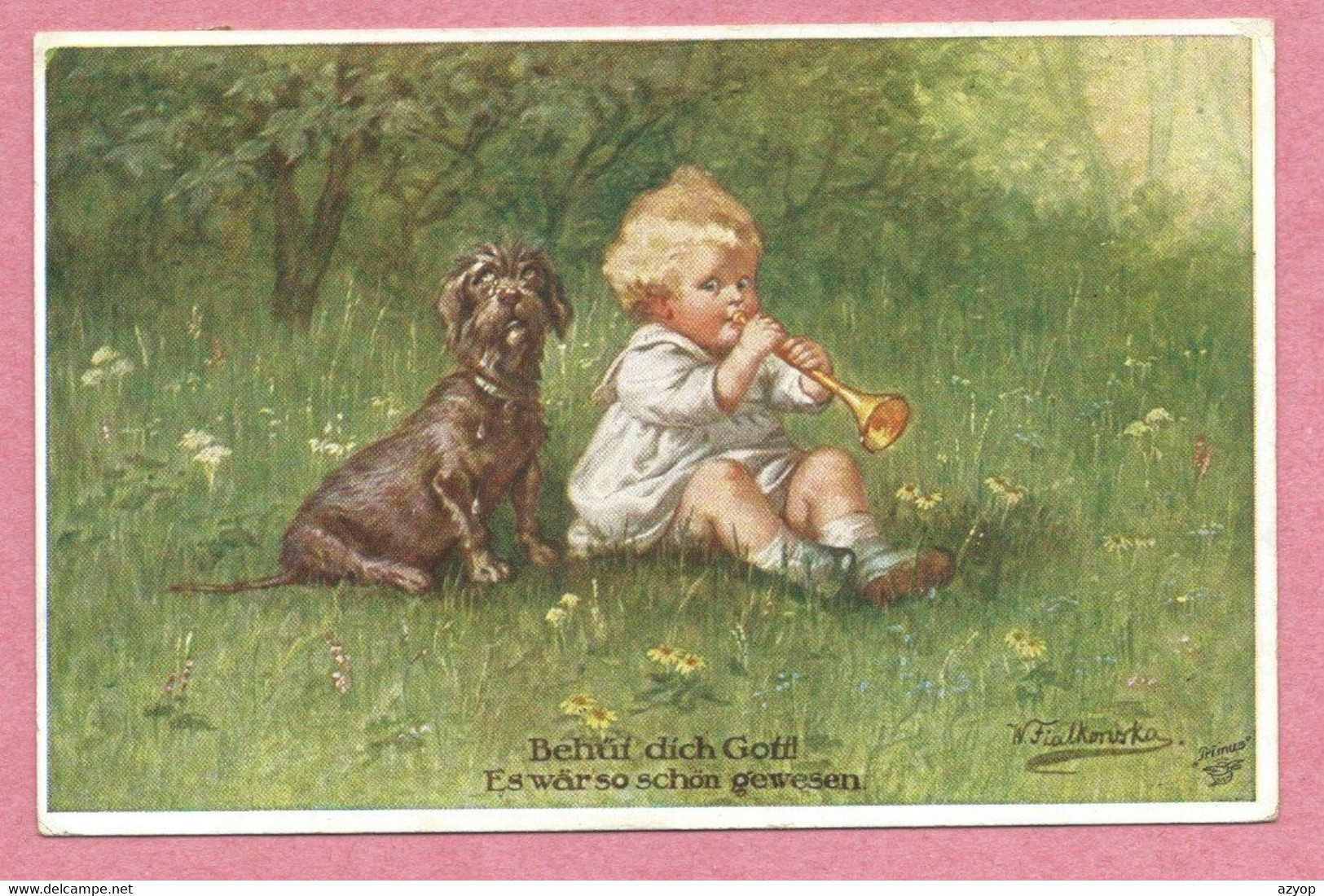 Carte Signée Wally FIALKOWSKA - Enfant - Chien - Behüt Dich Gott - Fialkowska, Wally