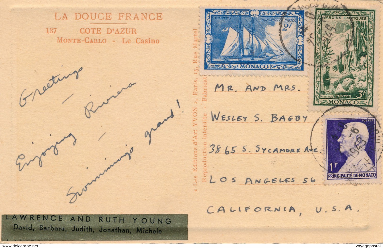 CARTE MONTE CARLO LE CASINO 6F POUR LOS ANGELES CALIFORNIE - Storia Postale