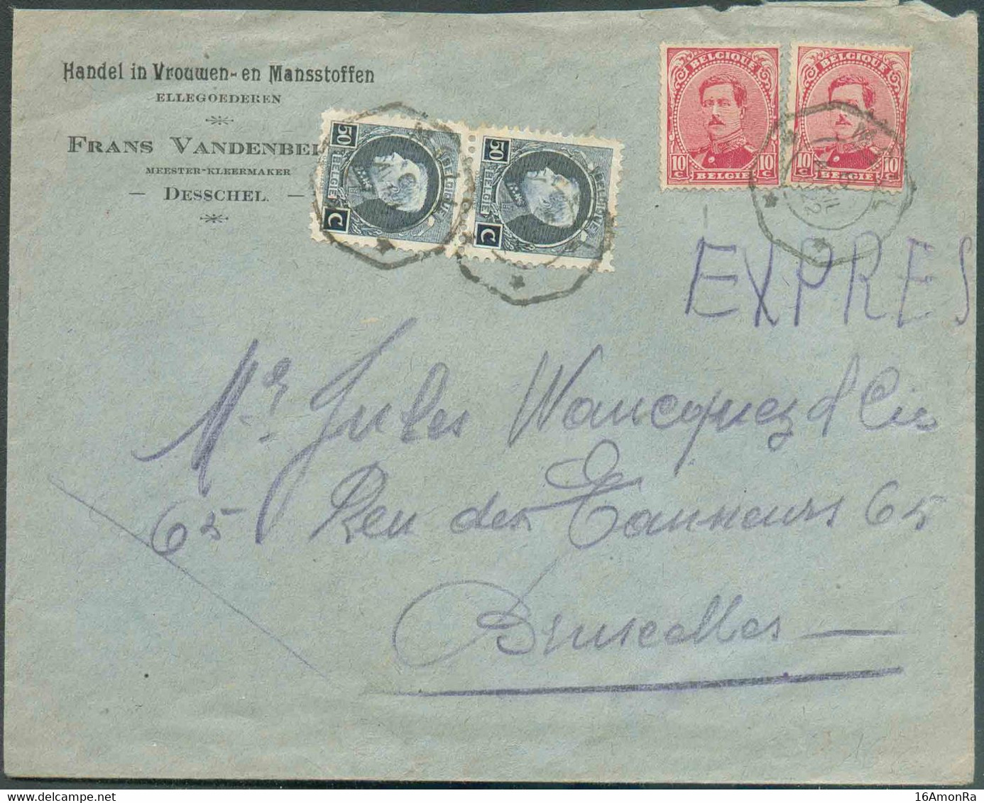 N°138(2)-211(2) - 10 Cent. Em. 1915 (2ex.) En Affr. Combiné Avec Paire Du 50 Cent. MONTENEZ obl. Télégraphique MOLL *** - 1921-1925 Petit Montenez