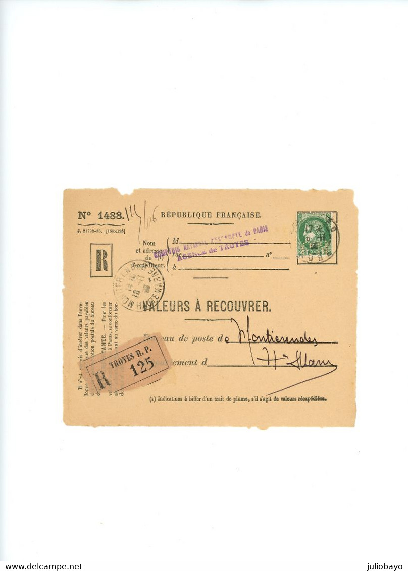 10 Novembre 1938 Perfin CN Sur Devant De Valeur à Recouvrer YT N°375 De Troyes Vers Montier En Der - 1921-1960: Modern Period