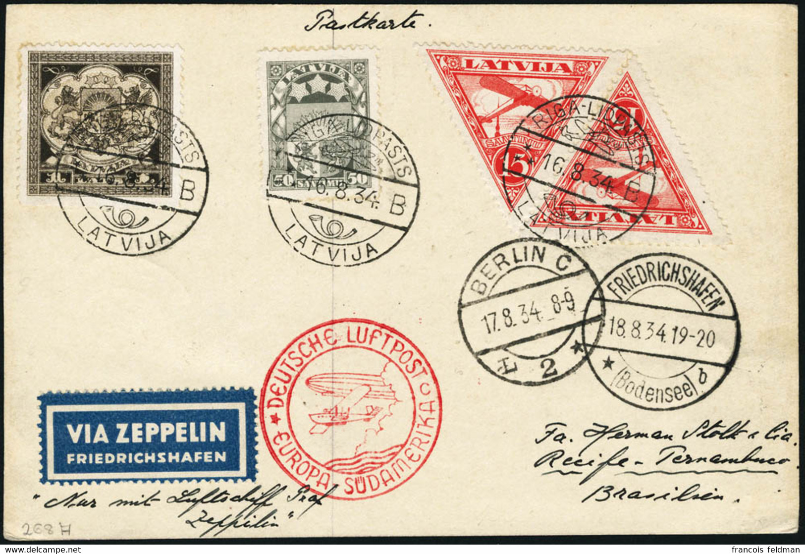 Lettre Zeppelin. C.P. Avec CàD Riga 16.8.34. Cachet Rouge Europa-Südamerika. CàD De Berlin (17.8.34) Et De Friedrichshaf - Other & Unclassified