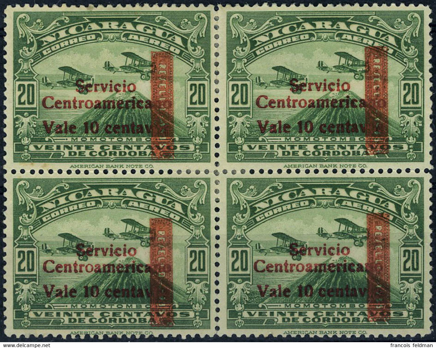 Neuf Avec Charnière N° 126, 10c S/20c Vert Servicio Centroamericano, Bloc De 4, TB, RRR, Signé H. Bloch - Otros & Sin Clasificación