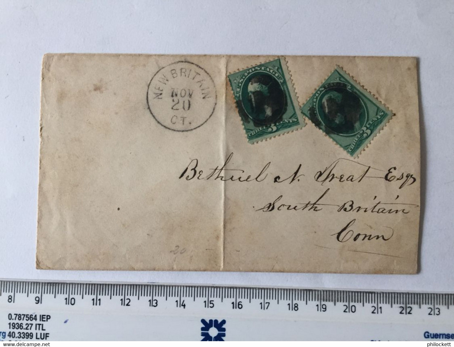 UNITED STATES - NEW BRITAIN CONNECTICUT TO SOUTH BRITAIN - CONNECTICUT -  2 X FRANKLIN  THREE CENT STAMPS - Andere & Zonder Classificatie