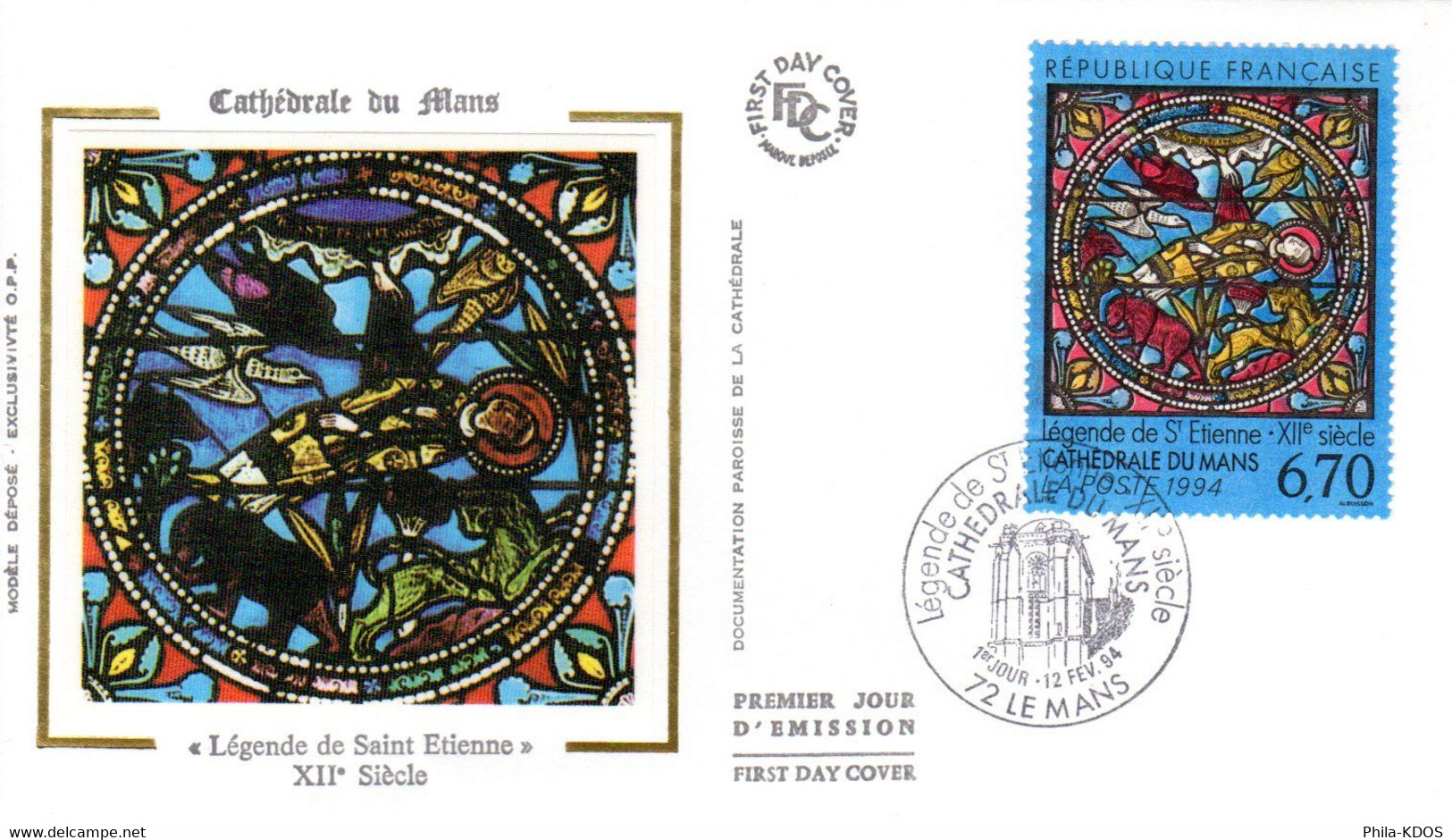 " VITRAIL DE LA CATHEDRALE DU MANS (72) " Sur Enveloppe 1er Jour Sur Soie De 1994 N° 2859 Parfait état FDC - Verres & Vitraux