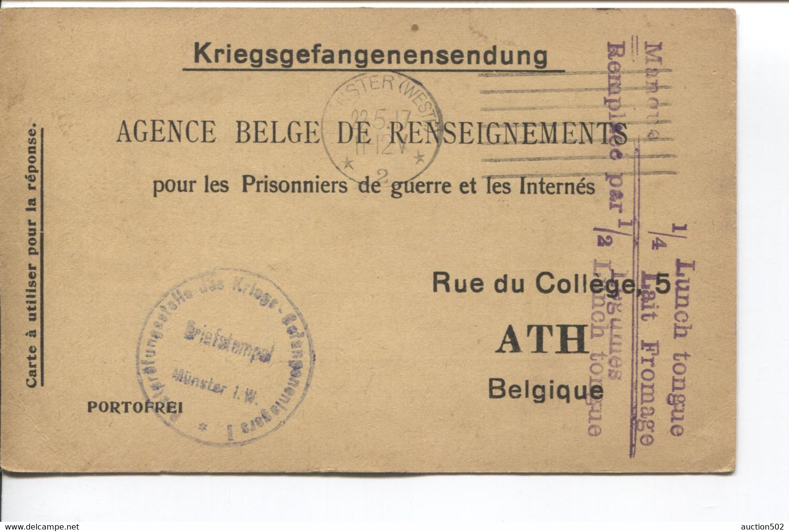 1200PR/ CP PDG-POW Munster 1917 Censure Du Camp > Ath Agence Belge De Renseignements Pour PDG & Internés - Kriegsgefangenschaft