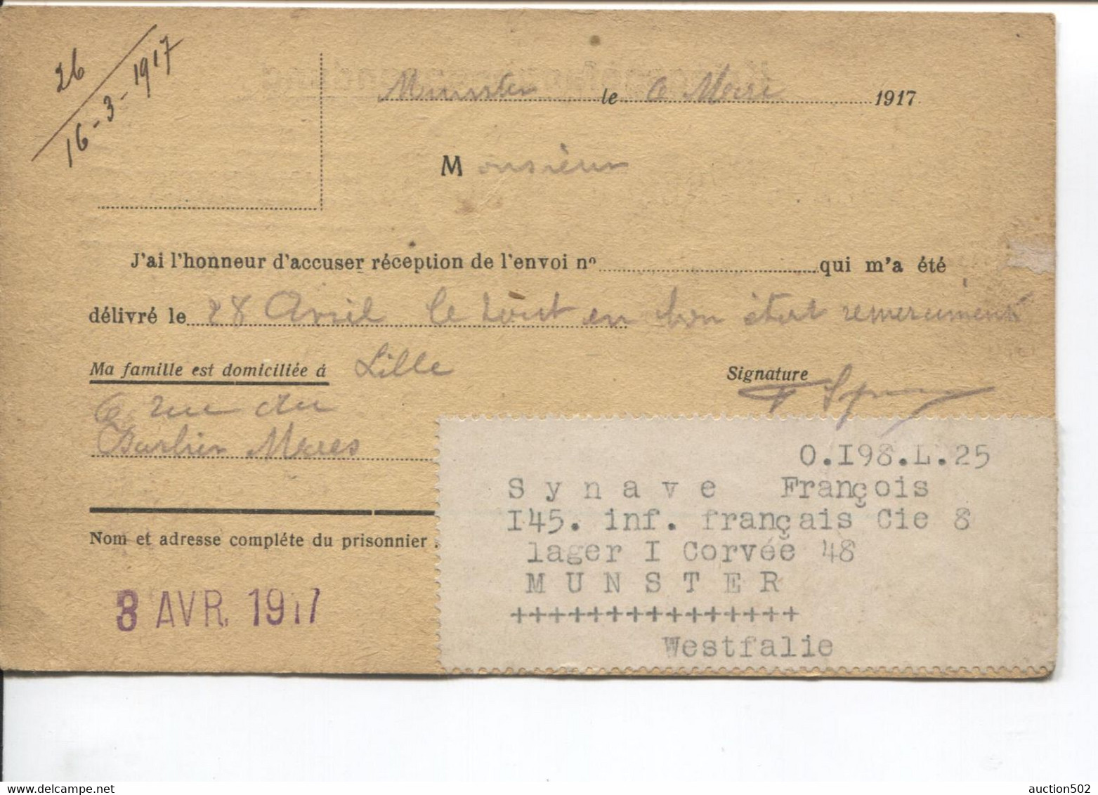 1200PR/ CP PDG-POW Munster 1917 Censure Du Camp > Ath Agence Belge De Renseignements Pour PDG & Internés - Kriegsgefangenschaft