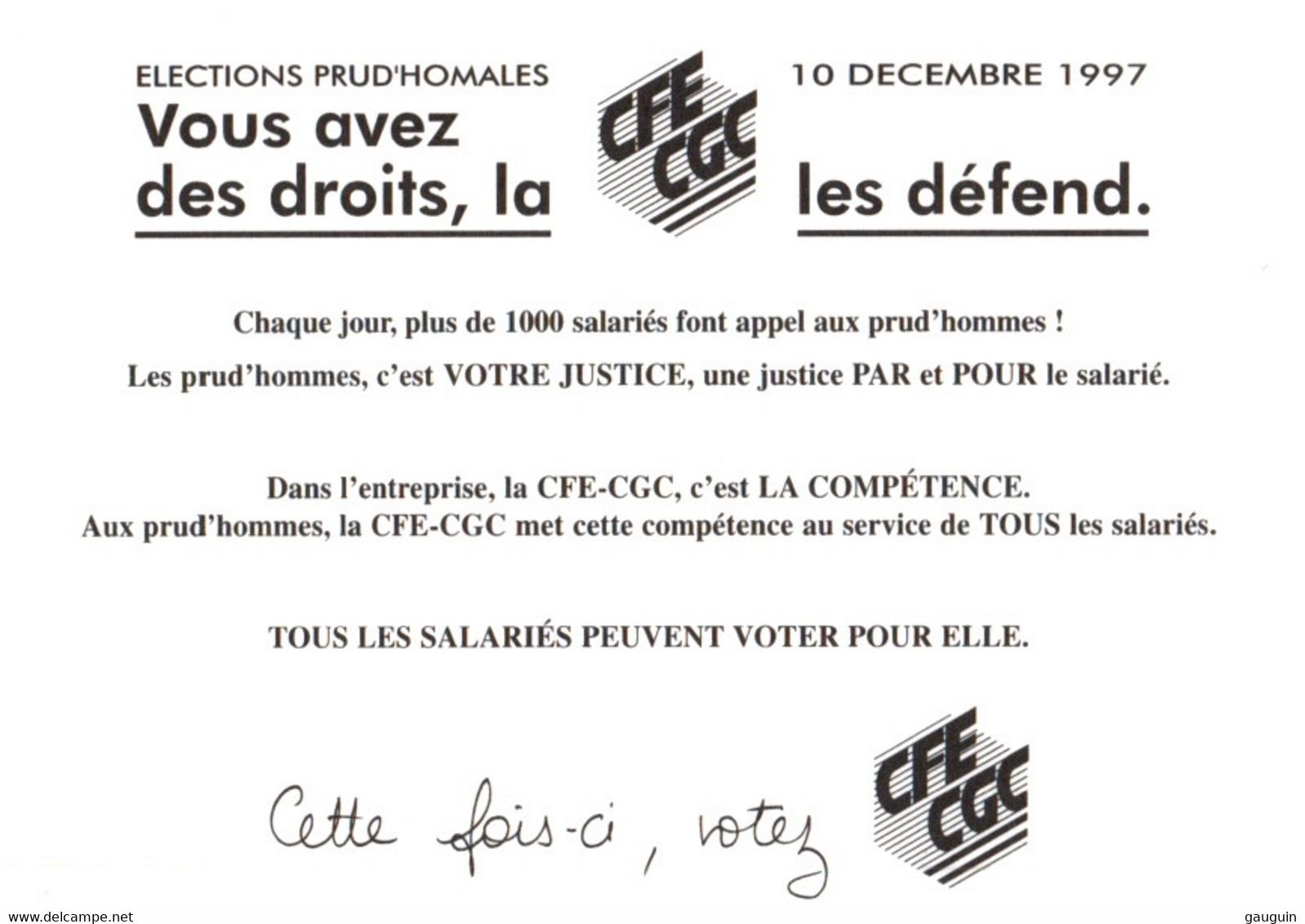 CPM - SYNDICATS CFE-CGC - Campagne Elections Prud'homales Décembre 1997 ... Edition Pub Lot De 3 Cartes - Labor Unions
