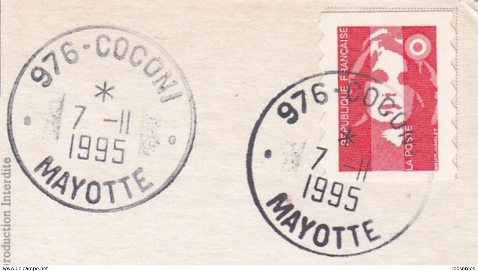 OBLITERATION COCONI MAYOTTE 1995 - SUR CP NOSY YANY KELY - MADAGASCAR - Manual Postmarks