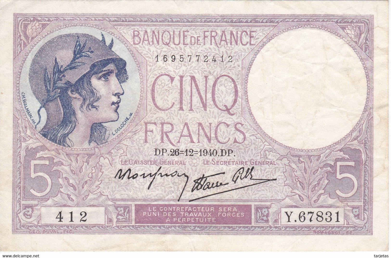 BILLETE DE FRANCIA DE 5 FRANCS DEL 26-12-1940 VIOLET  (BANKNOTE) - 5 F 1917-1940 ''Violet''