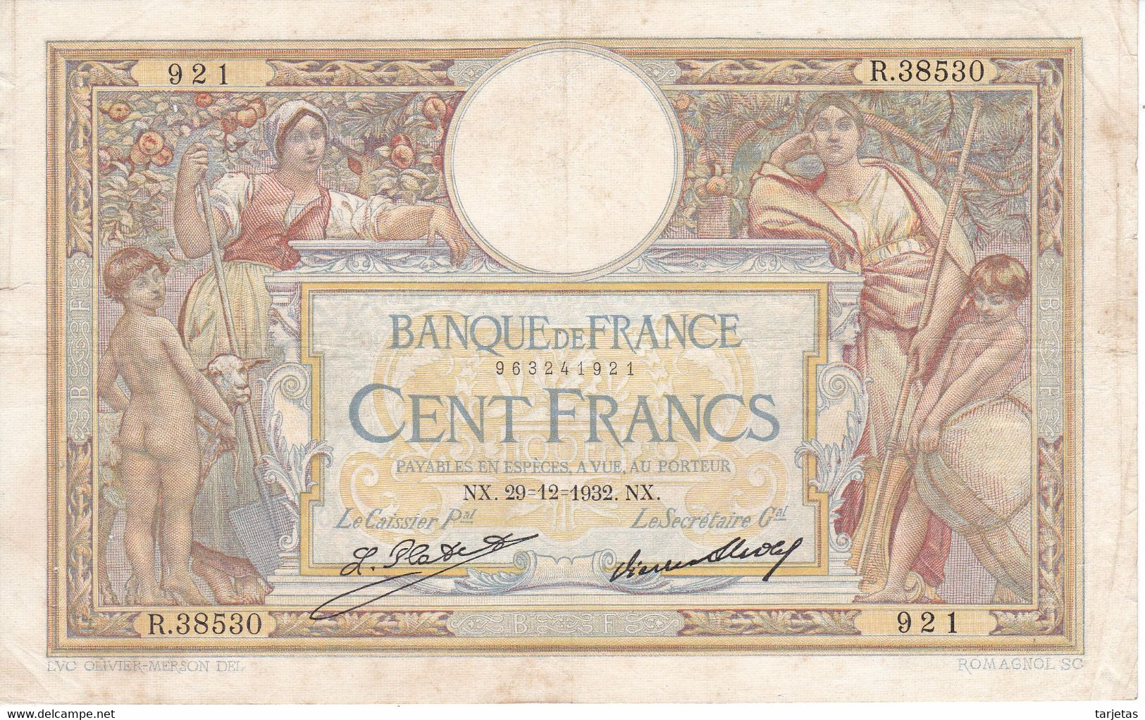 BILLETE DE FRANCIA DE 100 FRANCS DEL 29-12-1932 LUC OLIVIER MERSON  (BANKNOTE) - 100 F 1908-1939 ''Luc Olivier Merson''