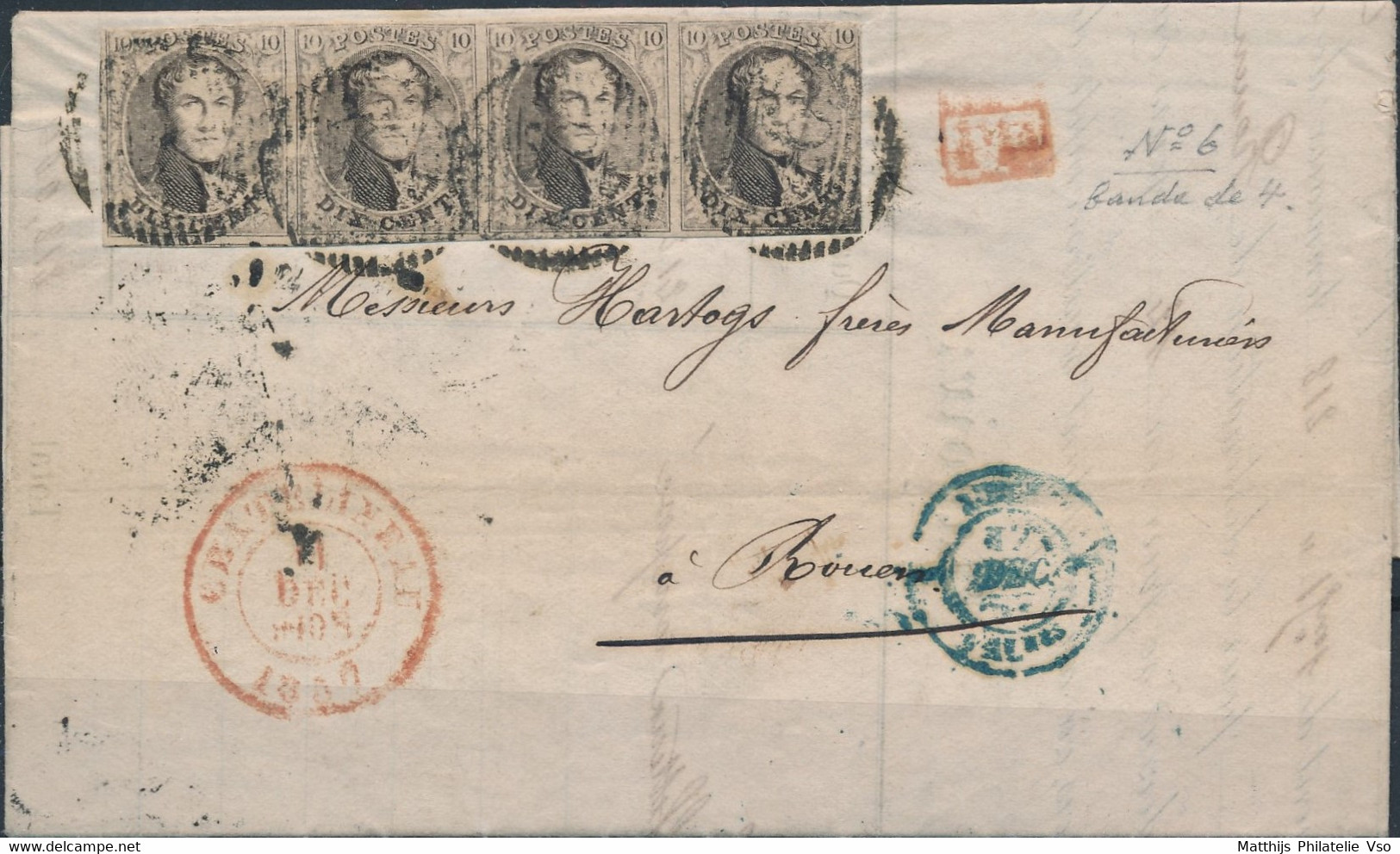 [Lettre TB] N° 6A, Bande De 4, Quasi Margée Sur TB Lettre De Chatelineau, Le 11 Décembre 1857 Vers Rouen - 1851-1857 Médaillons (6/8)