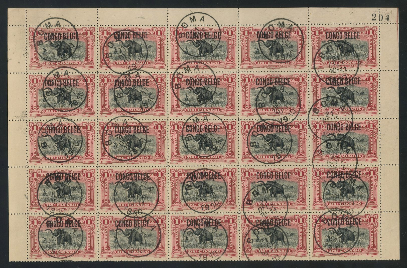 Belgian Congo 1909 CONGO BELGE Typo. Ovpt. On Mols 1fr Elephant, Complete Sheet In Two Halves, Cancelled Boma, COB 46 - Usati