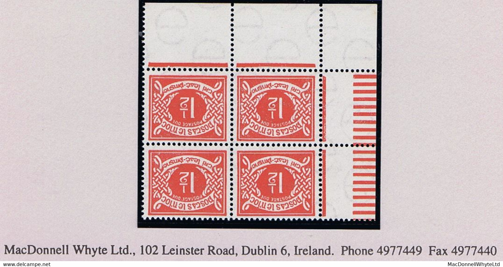 Ireland 1940-69 E 1½d Vermilion Variety Watermark Inverted, Corner Block Of 4 Fresh Mint Unmounted Never Hinged - Portomarken