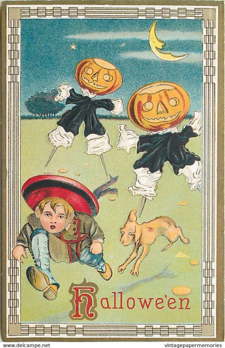 297479-Halloween, Samson Brothers No S500-2, Boy & Dog Being Chased By Jack O Lantern Head Peg Leg Ghosts - Halloween