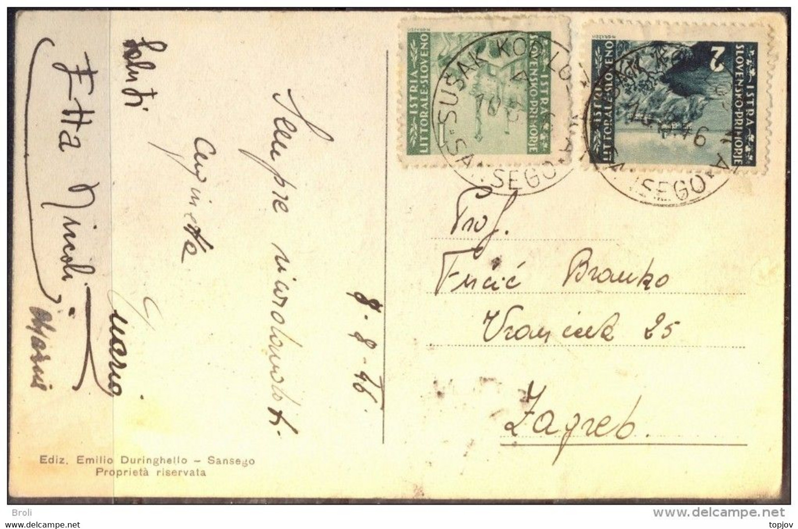 JUGOSLAVIA - ISTRIA - ZONA B - Postmark "SUŠAK KOD LOŠINJA - SANSEGO" - 1946 - EXTREM RARE - Marcofilía