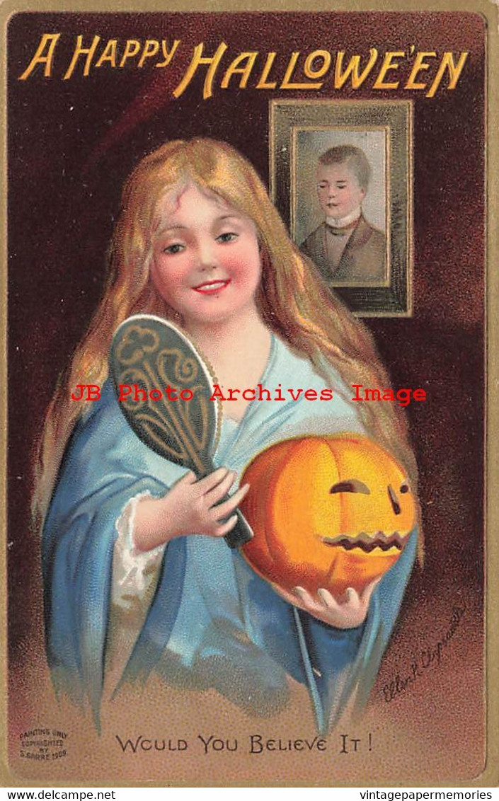 322315-Halloween, Samuel Garre No GAR01-1, Young Lady Holding Mirror & Jack O Lantern - Halloween