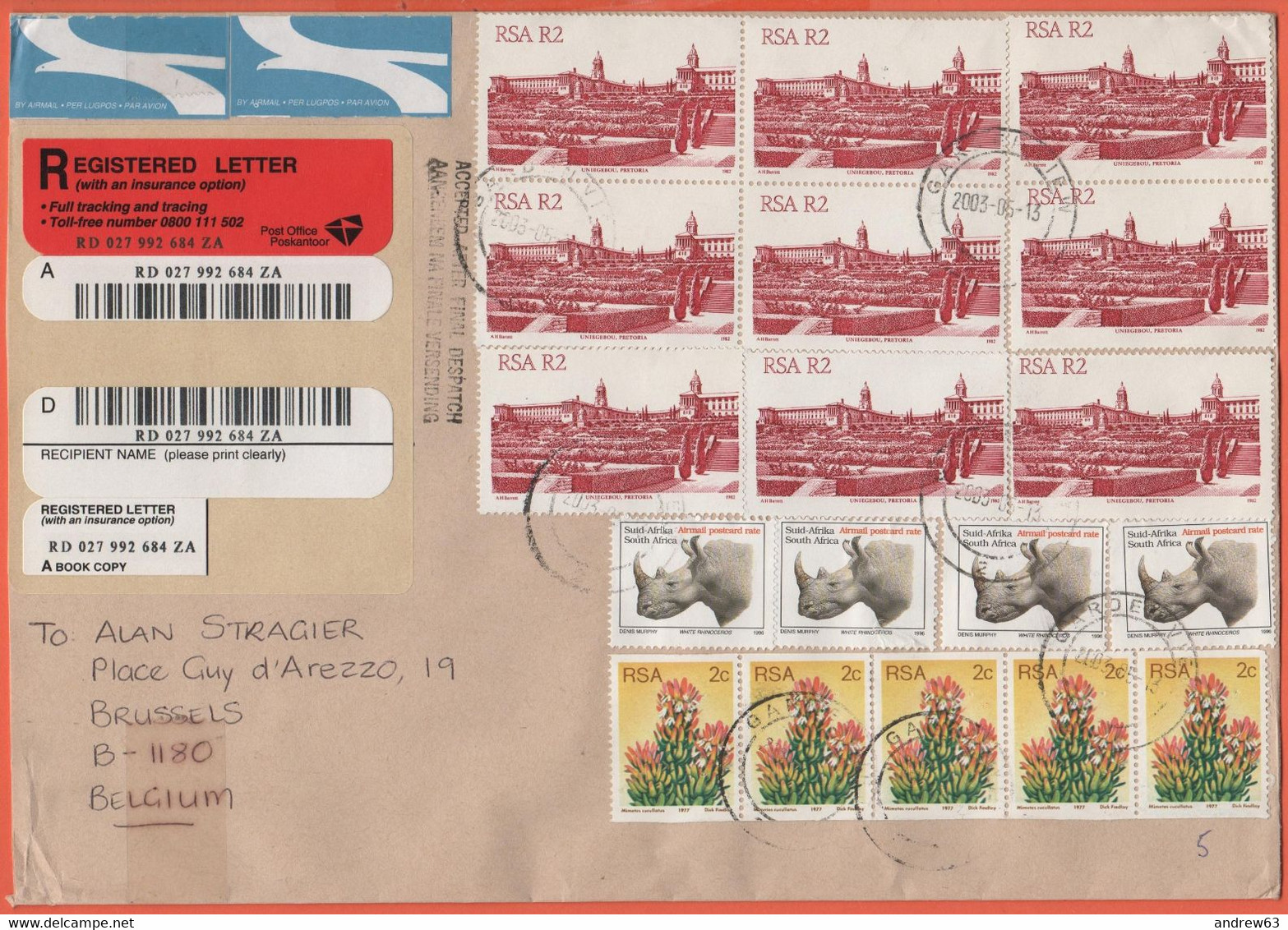 RSA - South Africa - Sud Africa - 2003 - 18 Stamps - Registered - Medium Envelope - Viaggiata Da Gardenview Per Bruxelle - Covers & Documents