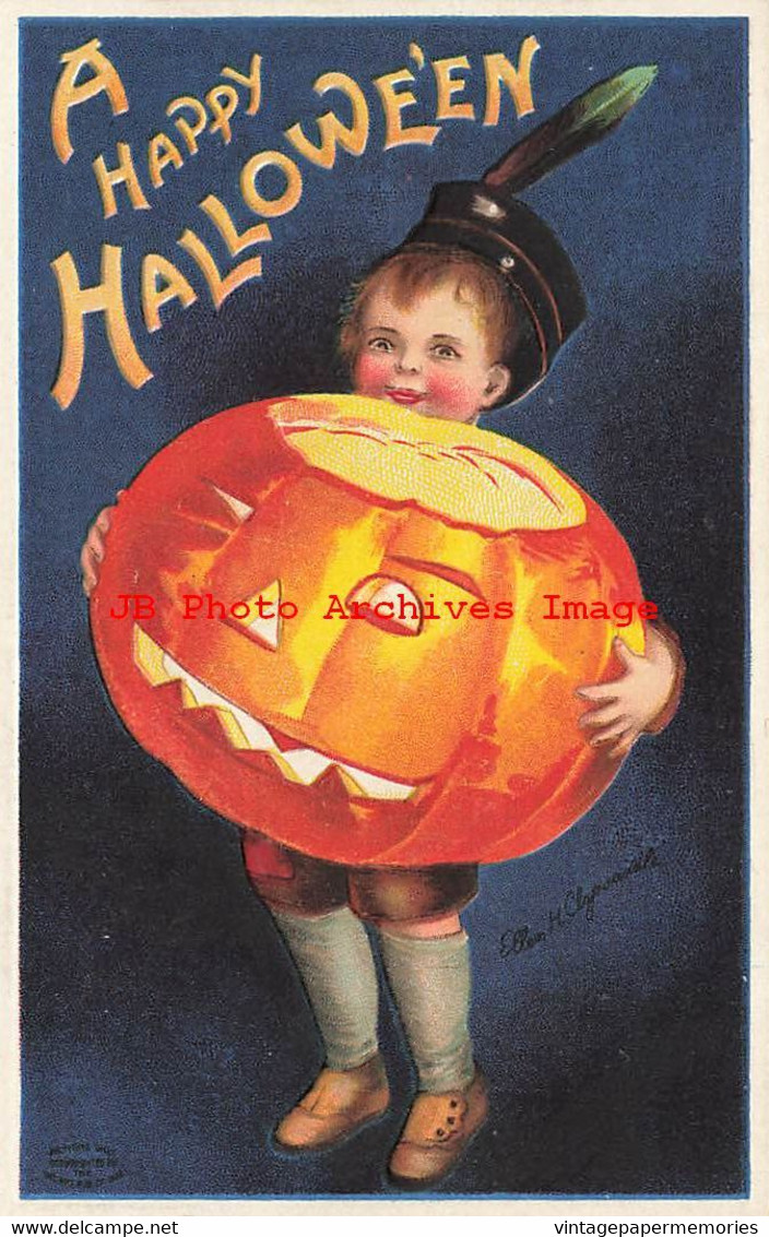 324085-Halloween, IAP No 978-4, Ellen Clapsaddle, Boy Holding A Large Jack O Lantern - Halloween