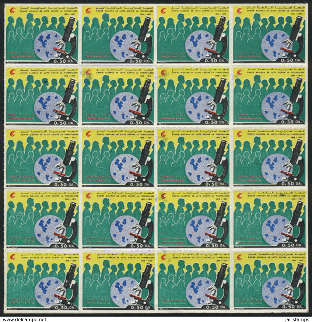 ALGERIA: FIGHT AGAINST TUBERCULOSIS: 1976/7 Issue, Complete Sheet Of 20 Stamps, Microscope And Koch Bacille, VF Quality, - Algérie (1962-...)