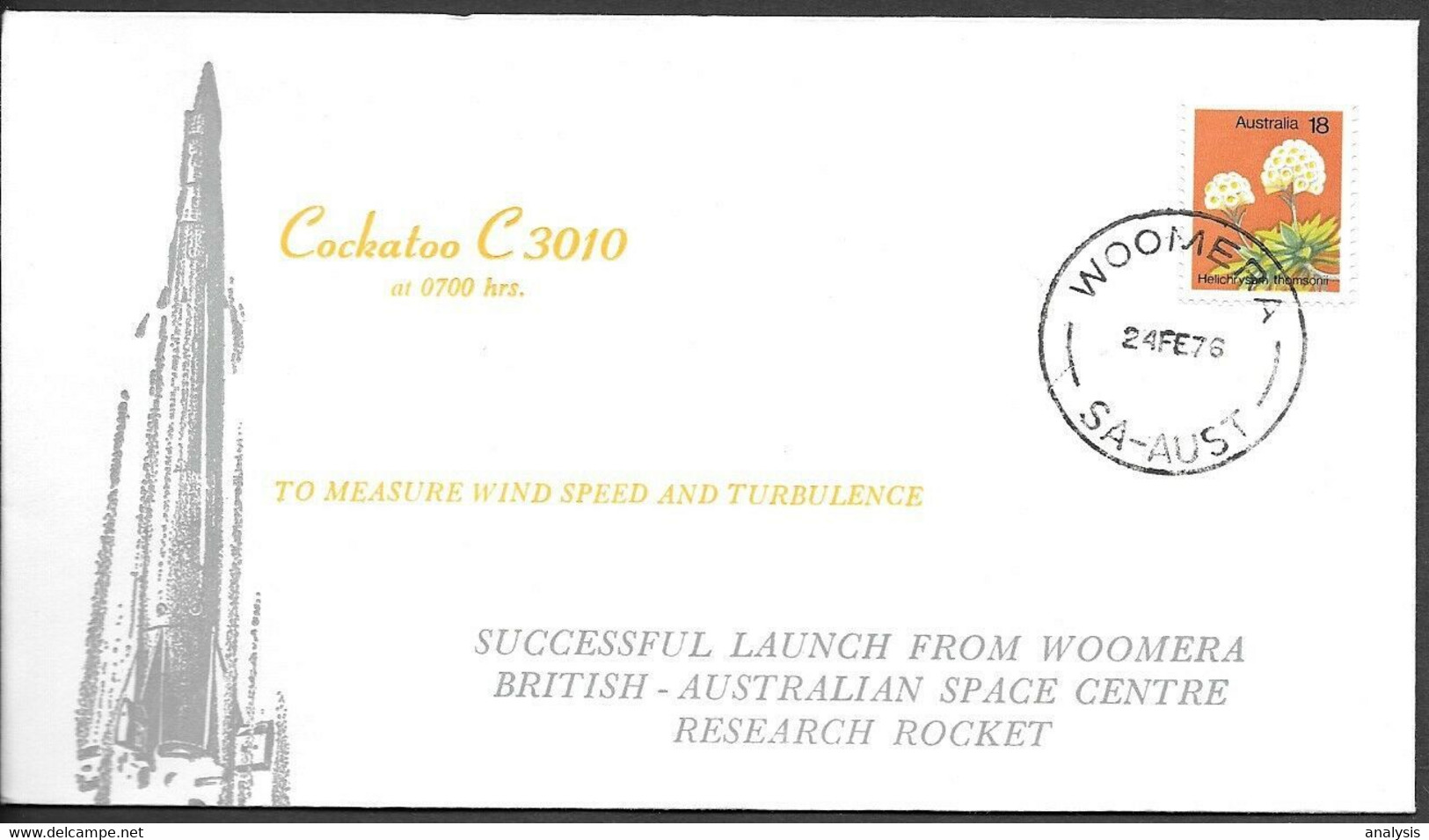 Australia Space Cover 1976. Cockatoo Rocket C3010 Launch. Woomera - Oceanía