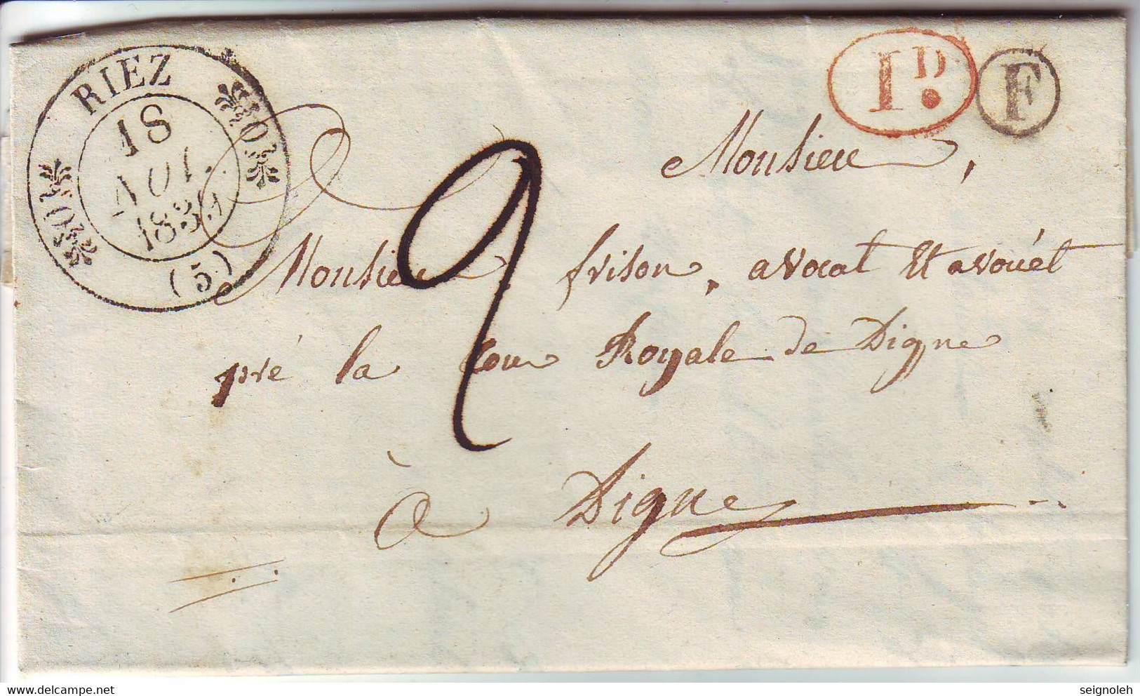 Cachet TYPE 11 RIEZ Basses Alpes BOITE RURALE F IDENTIFIEE !!! Lettre Avec Texte Complet , TTB++++ 18 Nov 1839 - 1849-1876: Classic Period