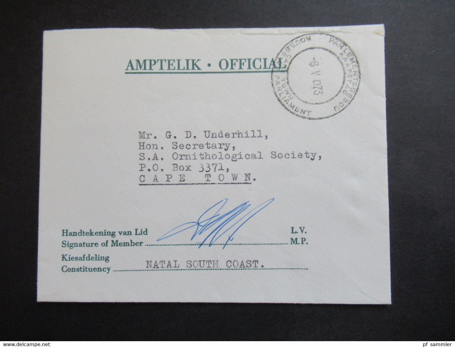 RSA / Süd - Afrika 1973 Amptelik Official Houses Of Parliament Cape Town Signature Of Member / Constituency Natal South - Covers & Documents