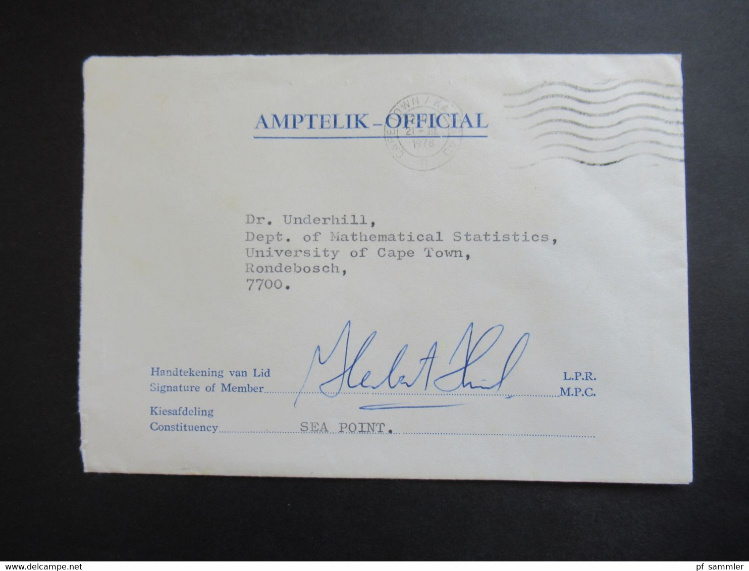 RSA / Süd - Afrika 1978 Amptelik Official Provincial Council Cape Province Signature Of Member / Constituency Sea Point - Storia Postale