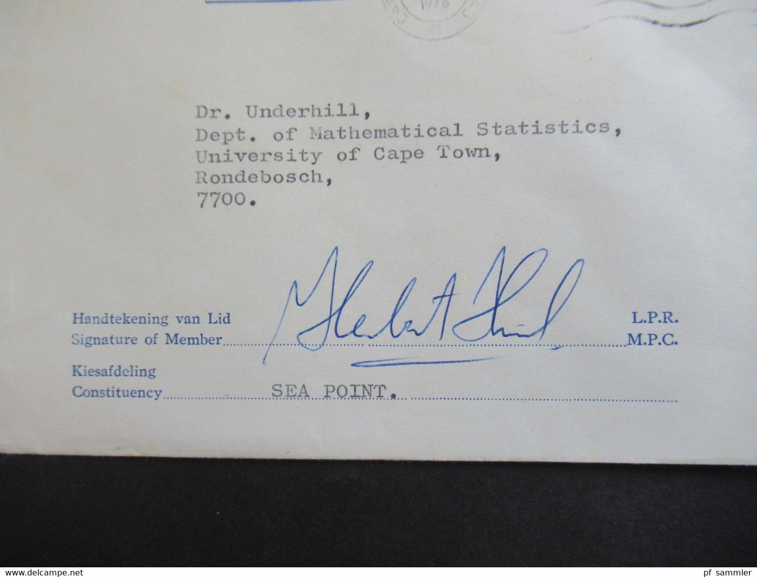RSA / Süd - Afrika 1978 Amptelik Official Provincial Council Cape Province Signature Of Member / Constituency Sea Point - Storia Postale