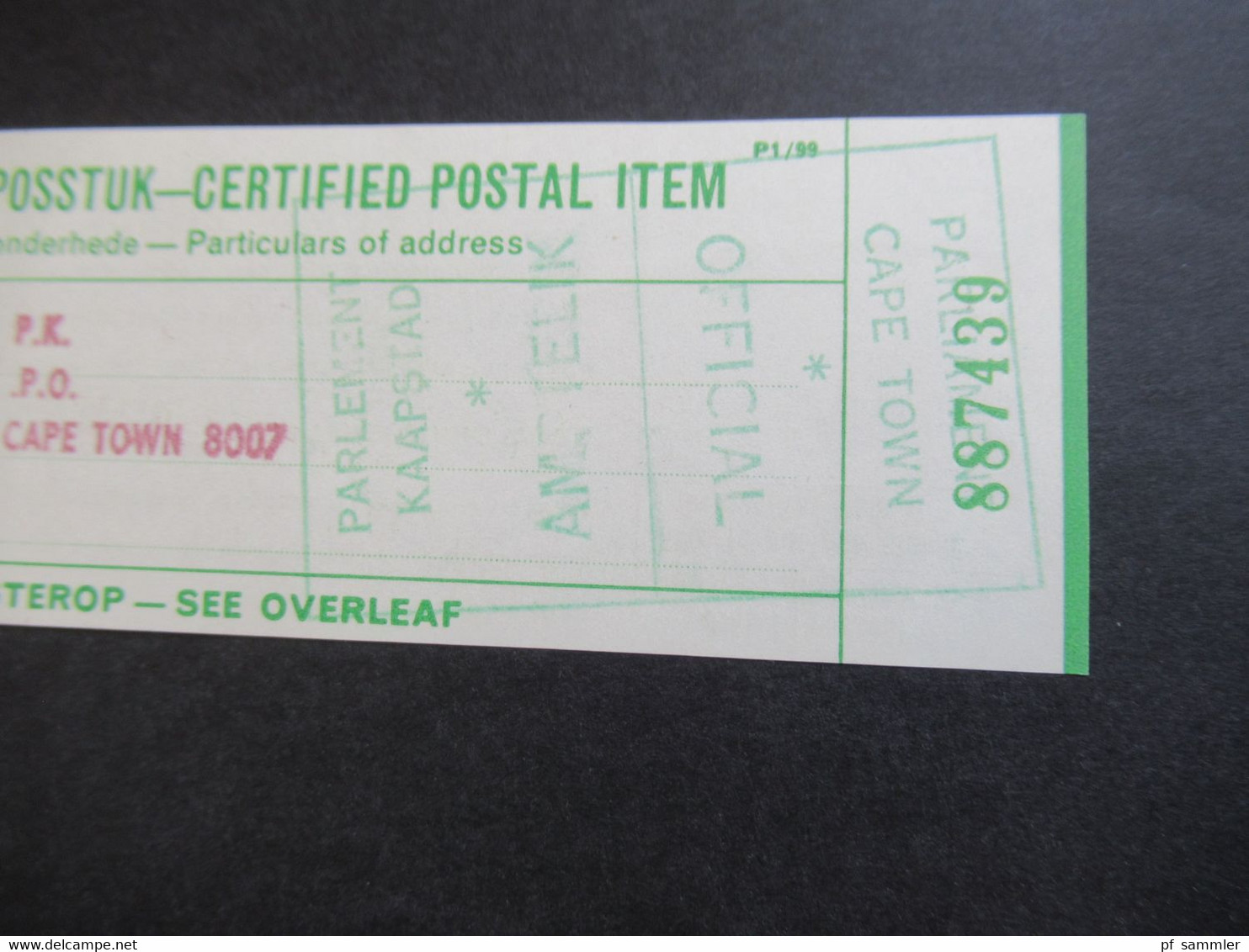 RSA / Süd - Afrika Mertified Mail / Certified Postal Item Posted To Parliament Post Office Amptelik / Official Cape Town - Lettres & Documents