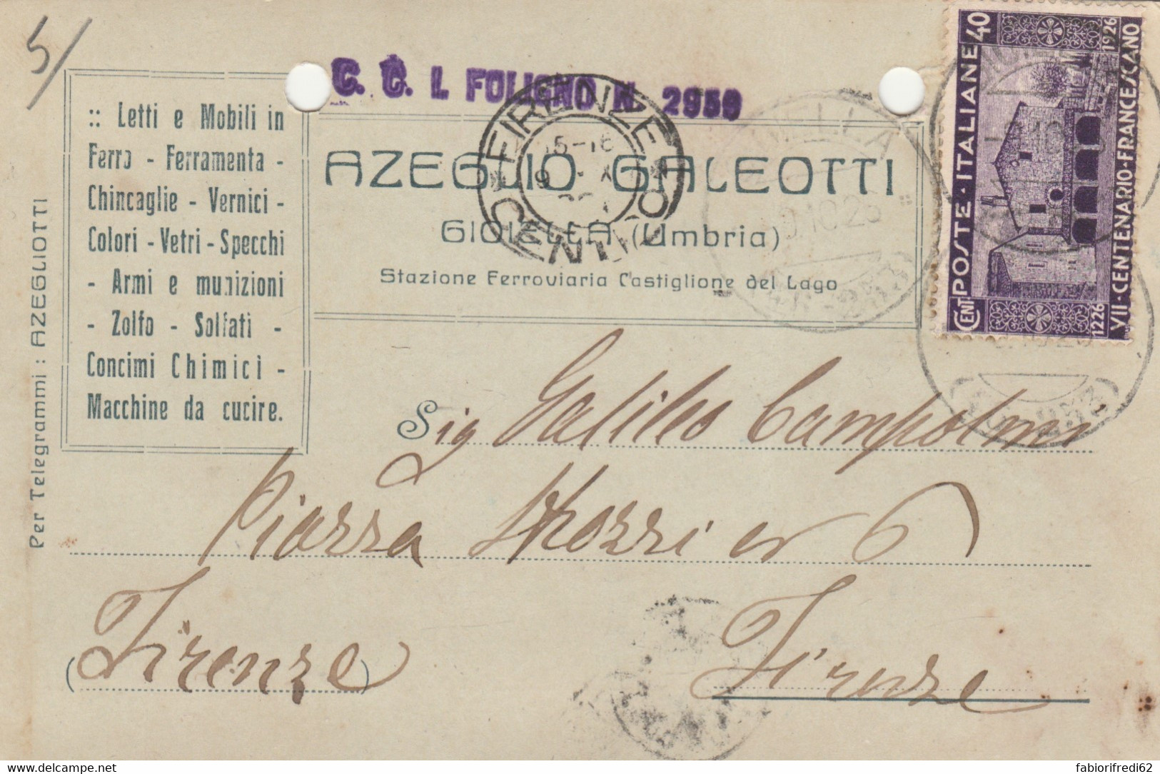 CARTOLINA POSTALE C.40 FRANCESCANO Fori Archiviazione (HB30 - Marcophilia