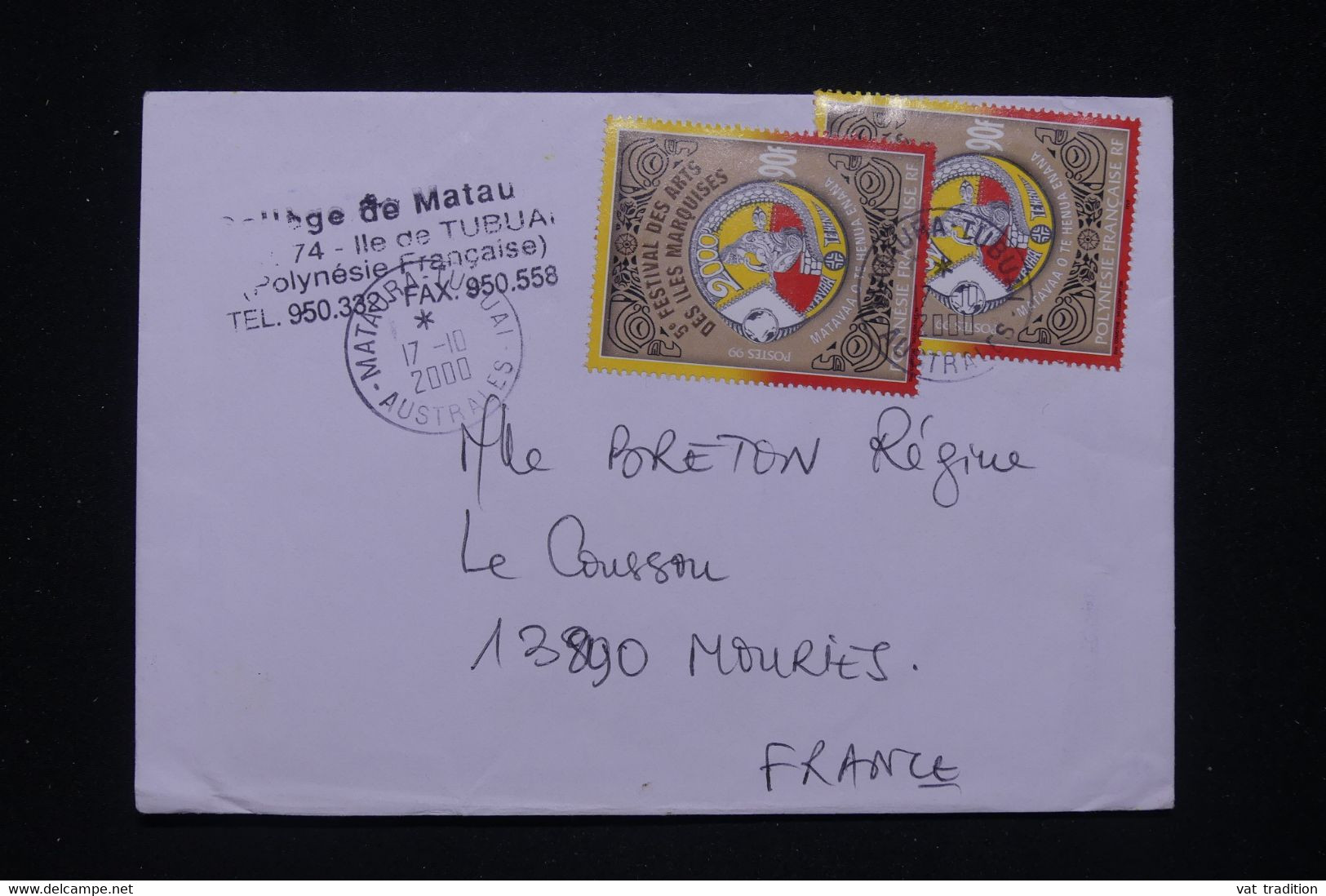 POLYNÉSIE - Enveloppe Du Collège De Mataura Tubuai Par Avion Pour La France En 2000 - L 97833 - Covers & Documents