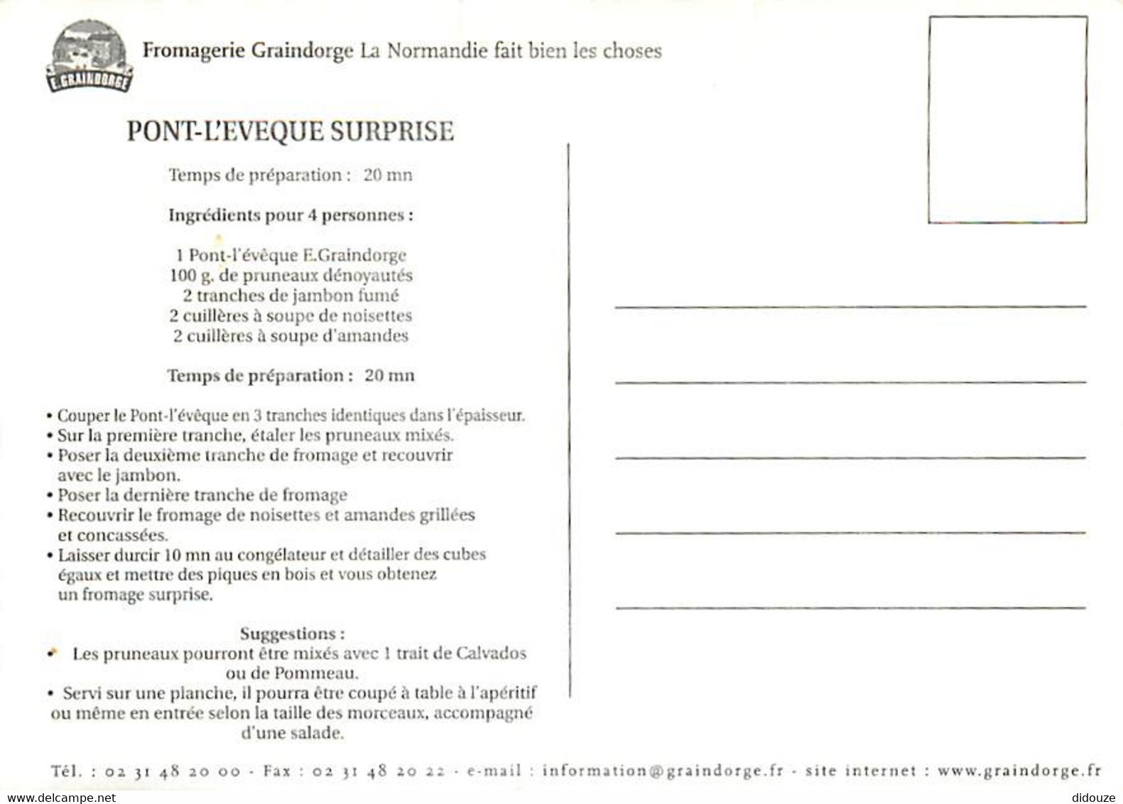 Recettes De Cuisine - Pont L'Evêque Surprise - Carte Publicitaire Fromagerie Graindorge - Carte Neuve - Gastronomie - CP - Recipes (cooking)