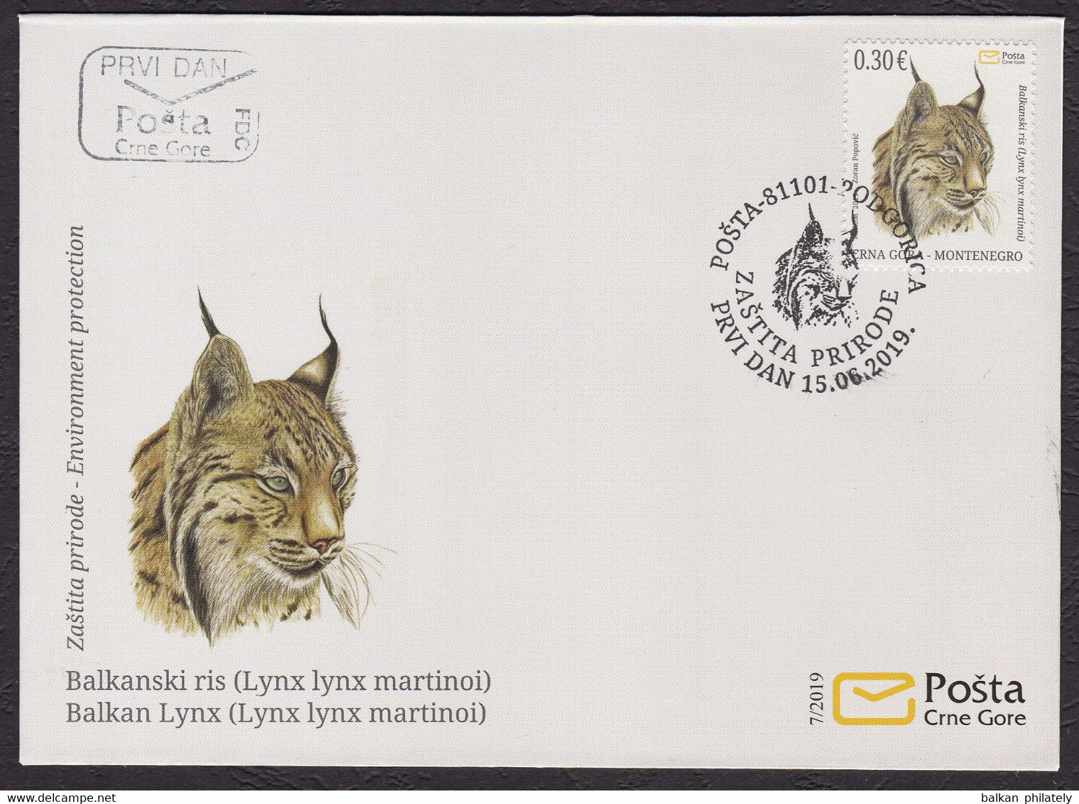 Montenegro 2019 Balkan Lynx Animals Fauna Mammals Cats Of Prey FDC - Montenegro