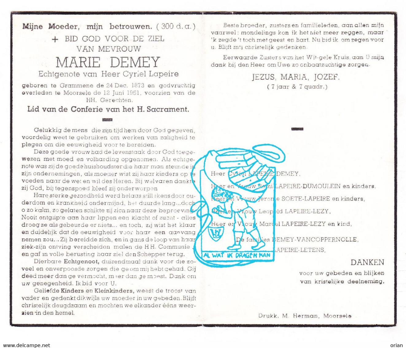 DP Marie Demey ° Grammene Deinze 1873 † Moorsele Wevelgem 1951 X C. Lapeire / Dumolein Soete Lezy Letens Vancompernolle - Andachtsbilder