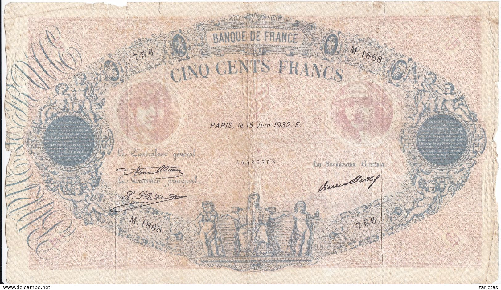 BILLETE DE FRANCIA DE 500 FRANCS DEL 16-6-1932  (BANKNOTE) BLEU ET ROSE - 500 F 1888-1940 ''Bleu Et Rose''
