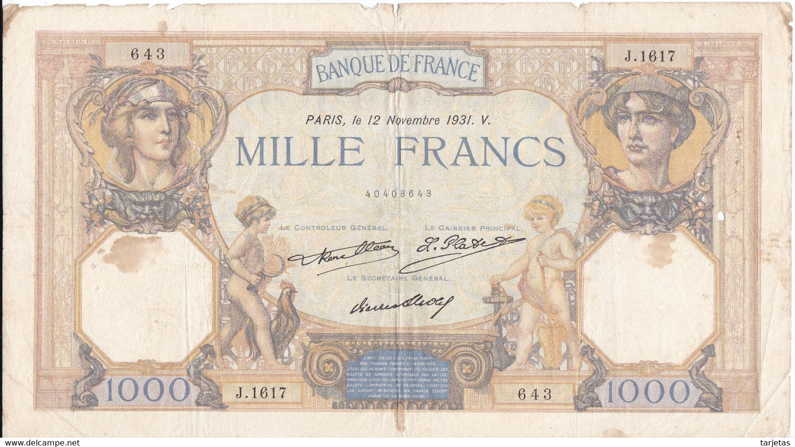 BILLETE DE FRANCIA DE 1000 FRANCS DEL 12-10-1931  (BANKNOTE) CERES E MERCURE - 1 000 F 1927-1940 ''Cérès Et Mercure''